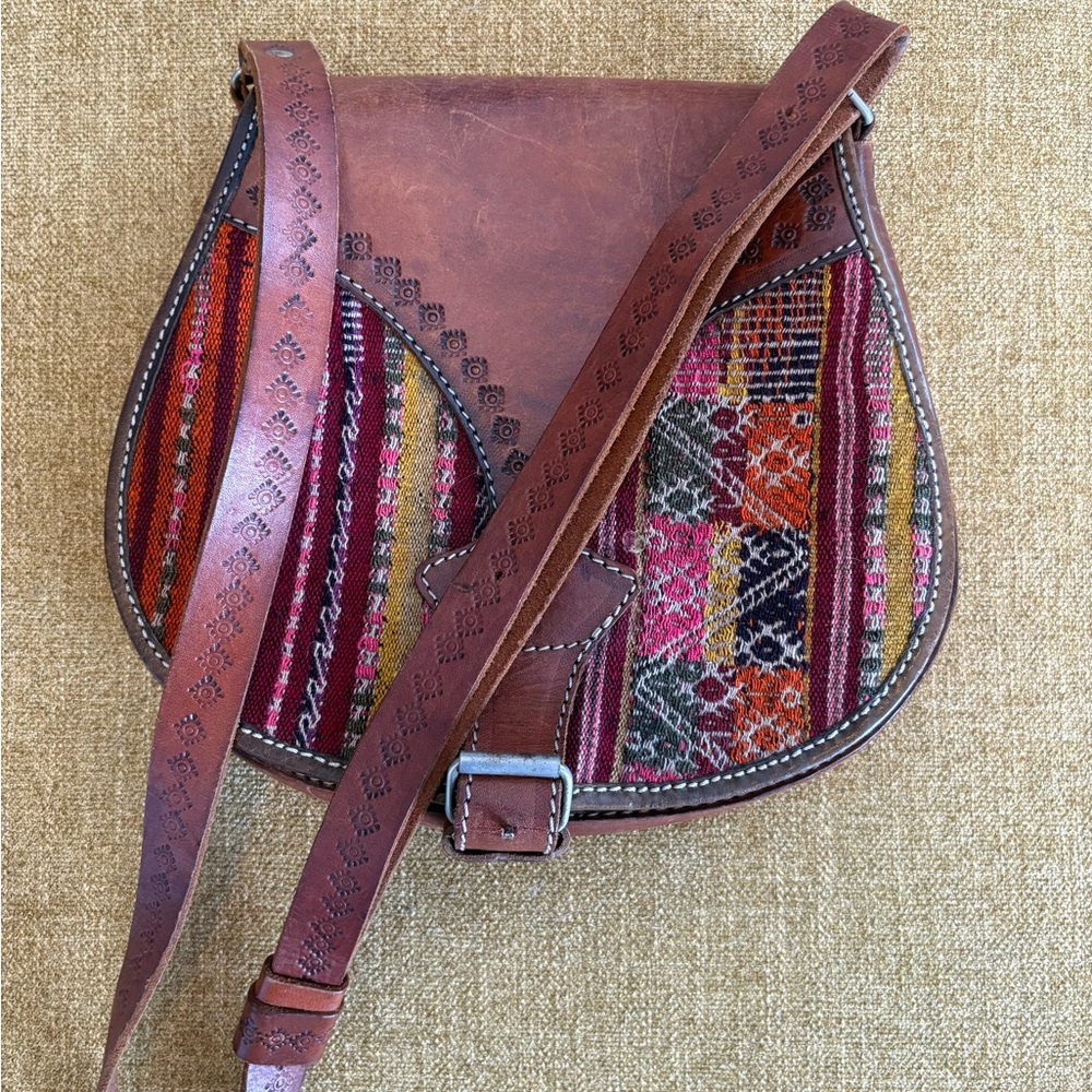 Vintage Brown Leather Crossbody Bag with fabric overlay